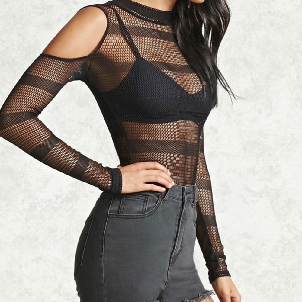 Forever 21 Mesh Cold Shoulder Long Sleeve Bodysuit
